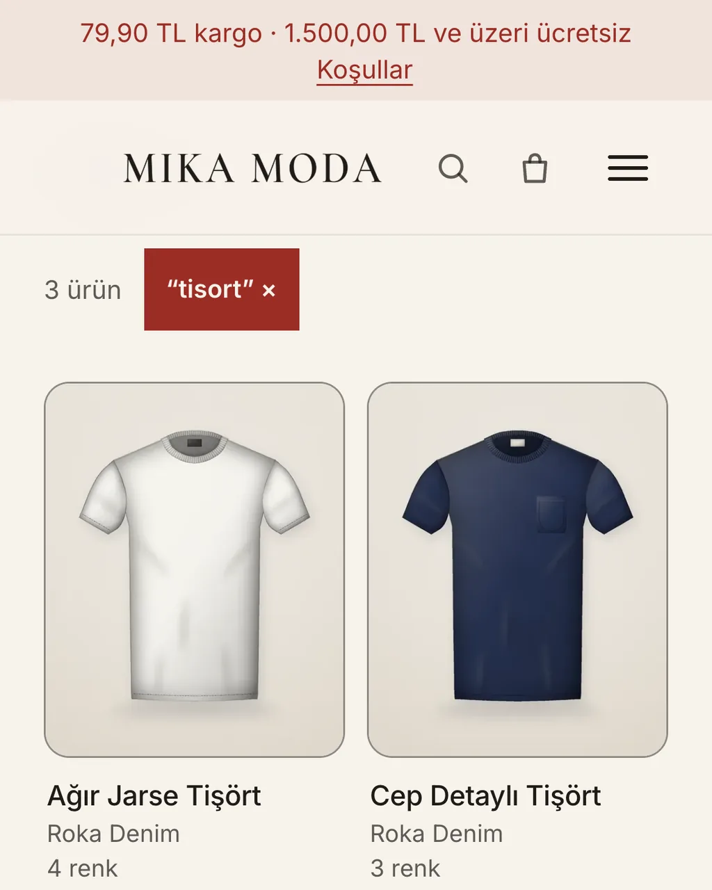 Mika Moda örnek mağazasında arama, telefonda: harfsiz “tisort” sorgusu 3 ürün buluyor; Ağır Jarse Tişört ve Cep Detaylı Tişört kartları.
