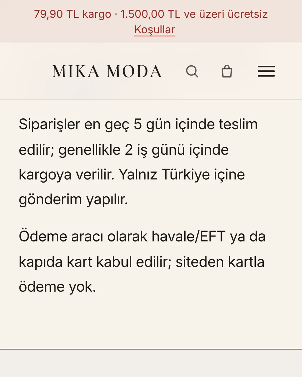 Mika Moda örnek mağazasının kargo ve iade sayfası, telefonda: “havale/EFT ya da kapıda kart kabul edilir; siteden kartla ödeme yok” cümlesi.