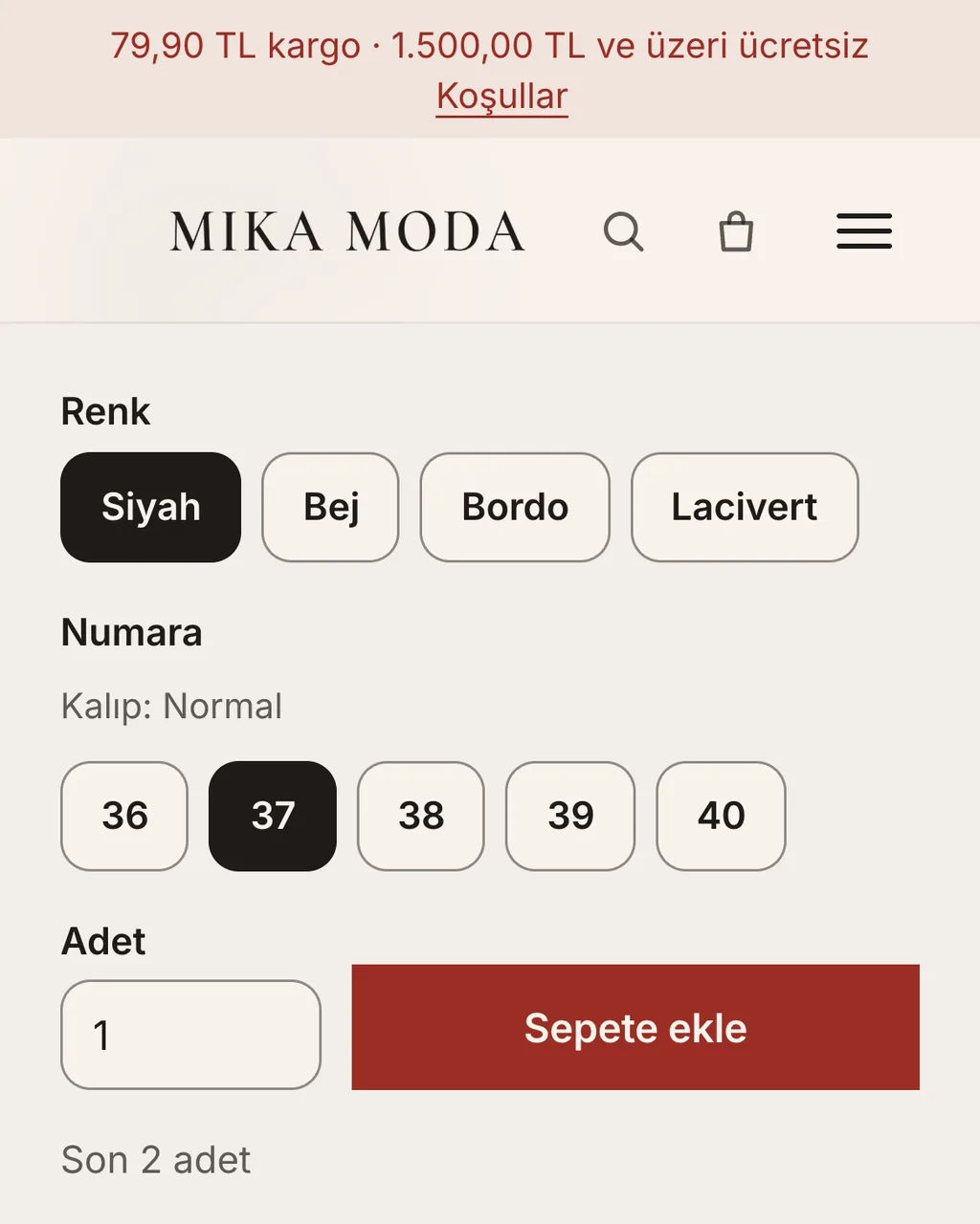 Mika Moda örnek mağazasında Deri Babet, telefonda: siyah renk ve 37 numara seçili; “Sepete ekle” düğmesinin altında “Son 2 adet” yazıyor.