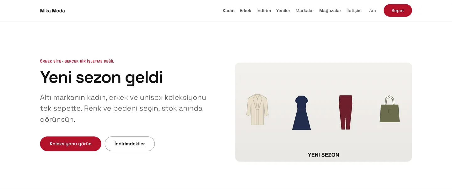 Mika Moda örnek sitesinin giriş ekranı: “Yeni sezon geldi” manşeti, iki düğme ve sağda silüetlerden oluşan bir kolaj.